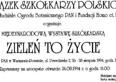 Zaproszenie na międzynarodową wystawę Szkółkarską Zieleń to Życie z 1994 roku